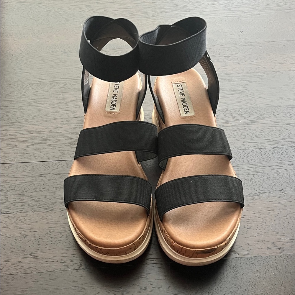 Steve Madden Black and Tan Wedge Sandals